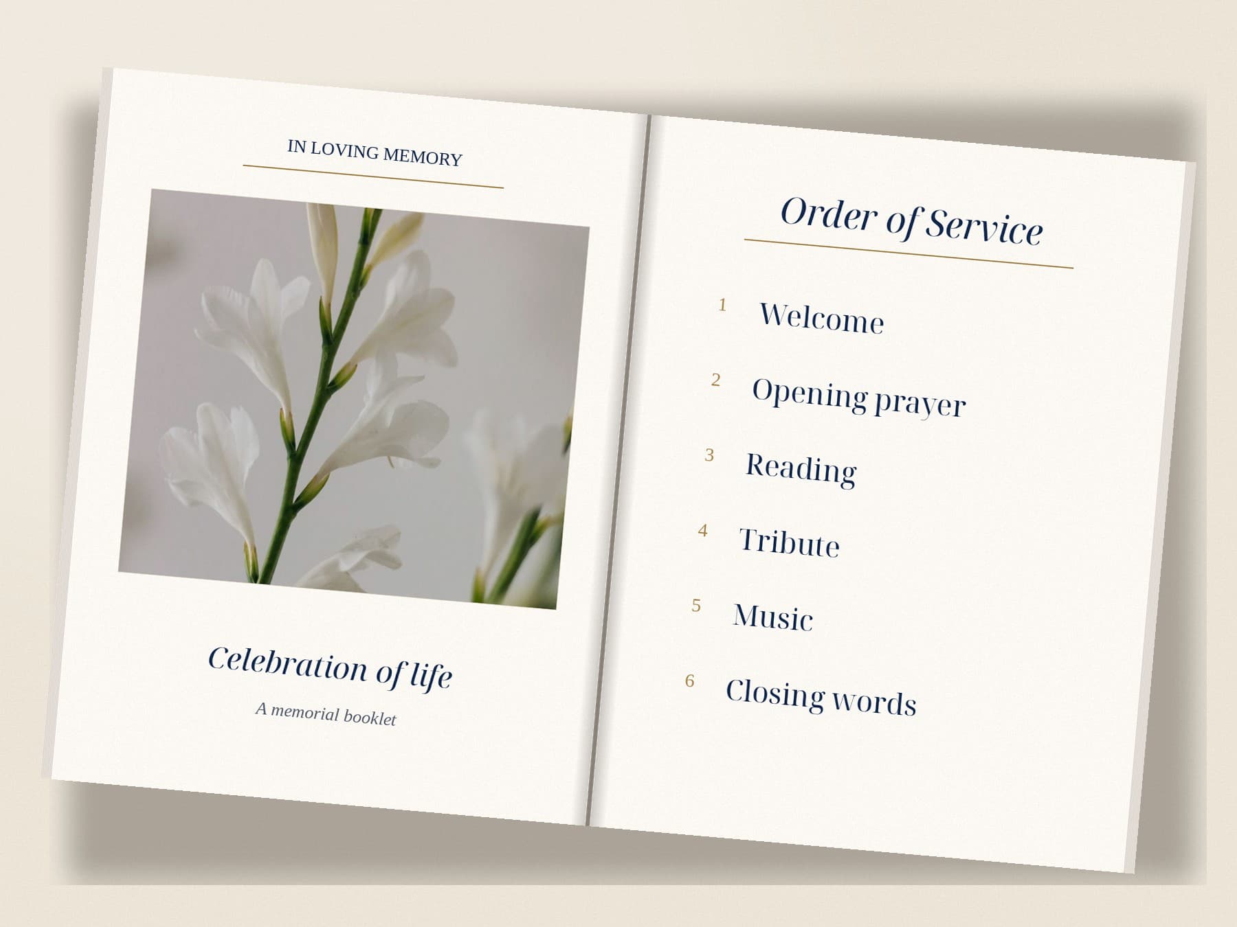 An open memorial booklet with an order of service