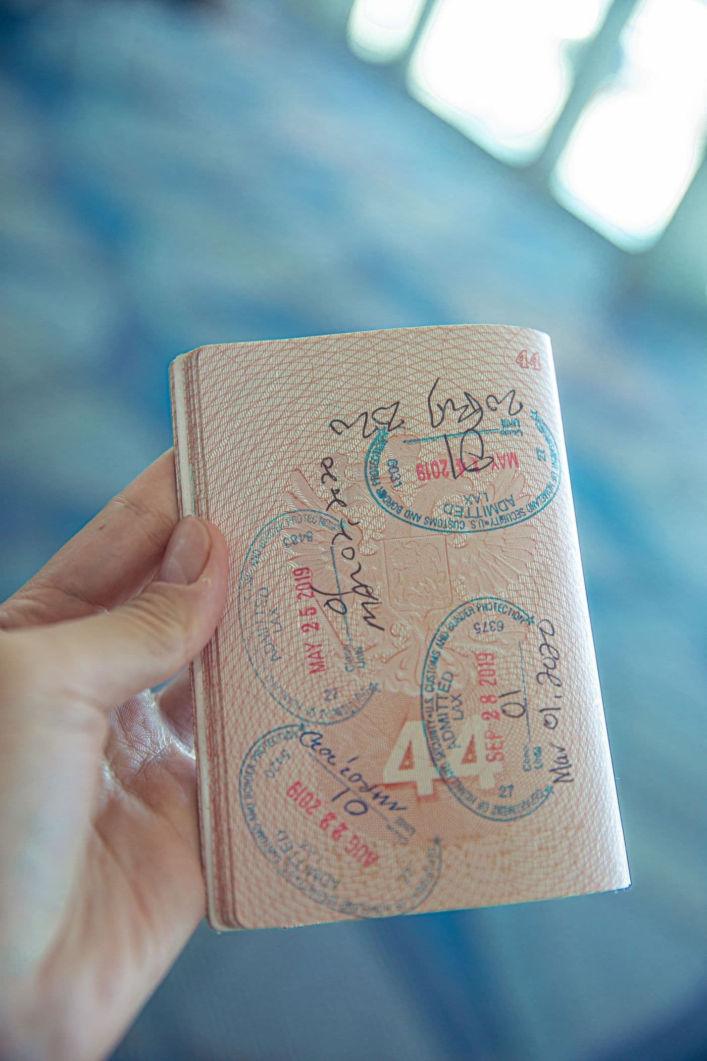 An open passport booklet