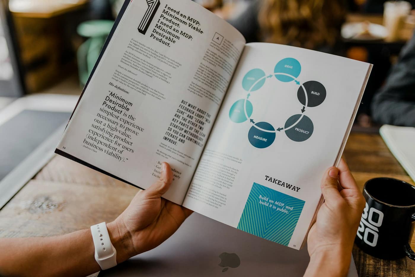 An open designed booklet with diagrams and short text